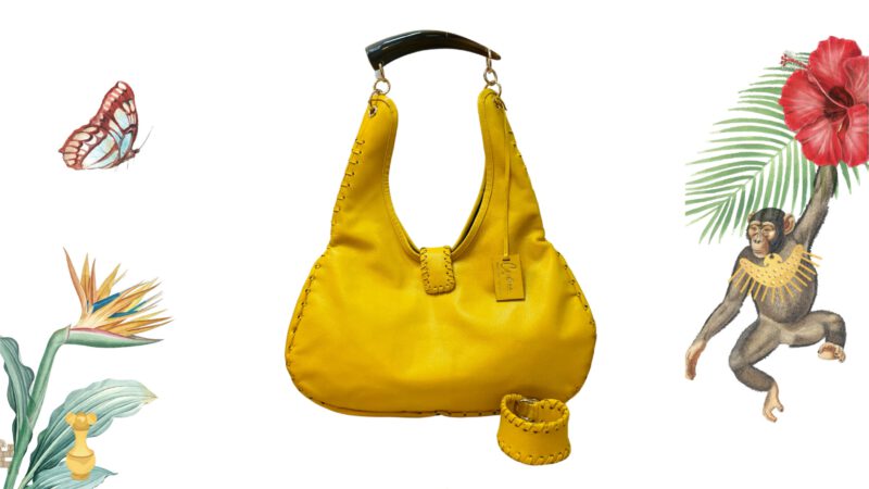 Bolso artesanal en piel de vaca amarillo y cuerno