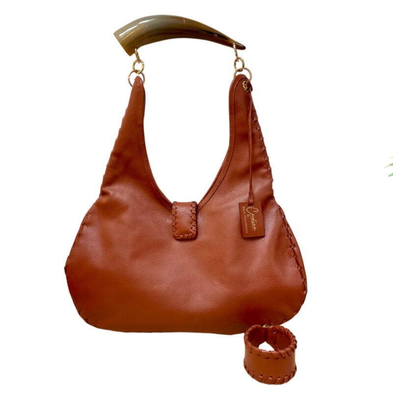 Bolso artesanal piel caoba y cuerno