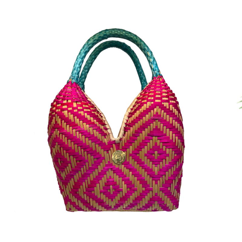 Bolso cuatro tetas artesanal baby fucsia y turquesa Palma cesta