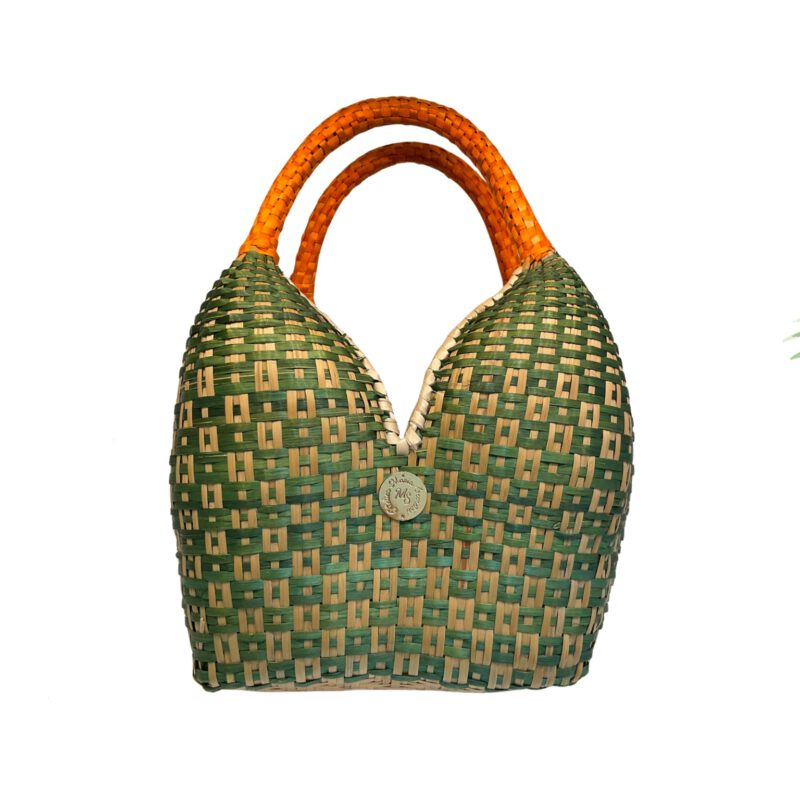 Bolso cuatro tetas artesanal baby verde y naranja Palma cesta
