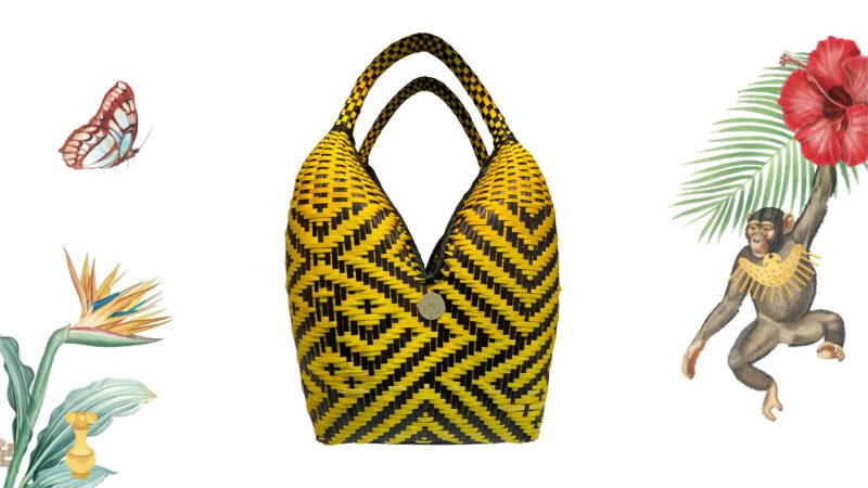 Bolso cuatro tetas artesanal grande amarillo y negro Palma cesta