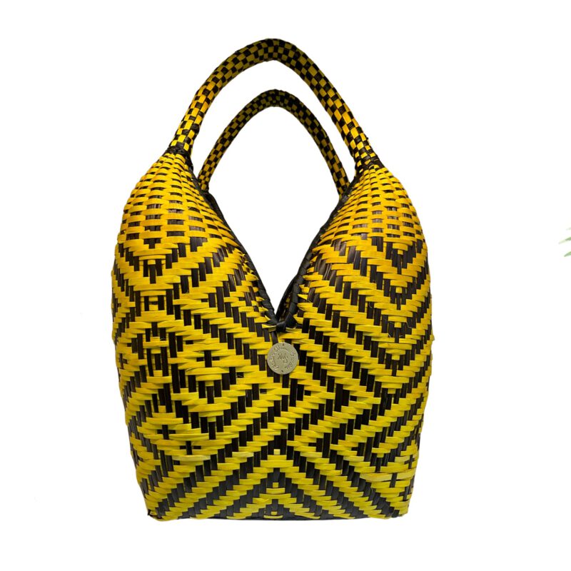 Bolso cuatro tetas artesanal grande amarillo y negro Palma cesta