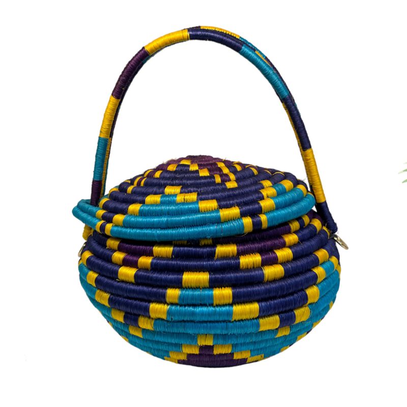 Bolso de mano artesanal azul y amarillo