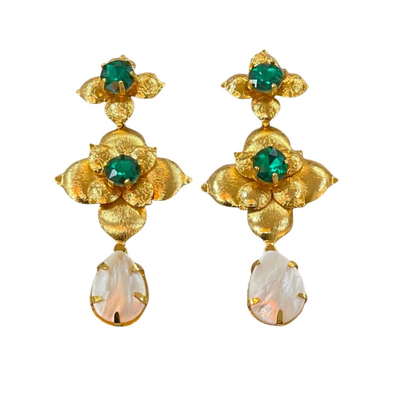 Pendientes Flores con cristales verdes y nácar