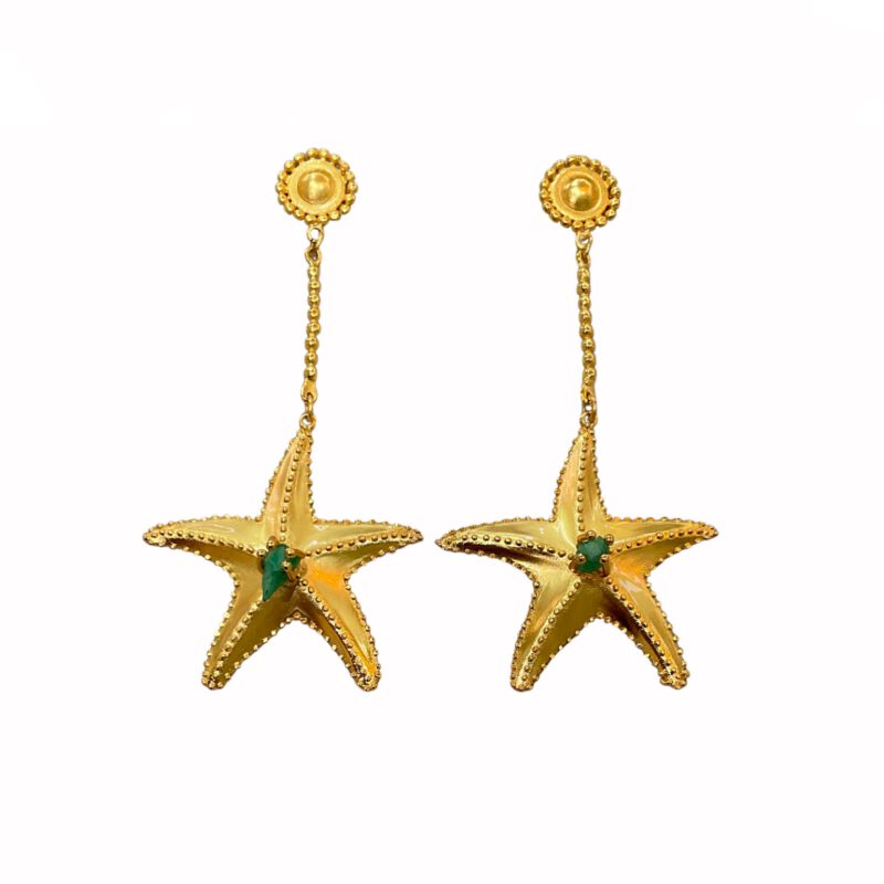 Pendientes artesanales estrellas de mar roca esmeralda