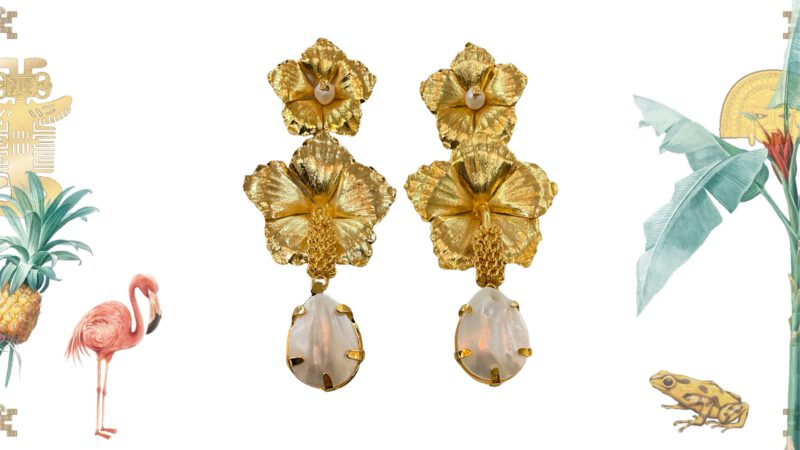 Pendientes hibiscus flores tropicales con perla y nácar artesanal
