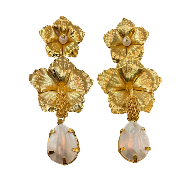Pendientes hibiscus flores tropicales con perla y nácar artesanal